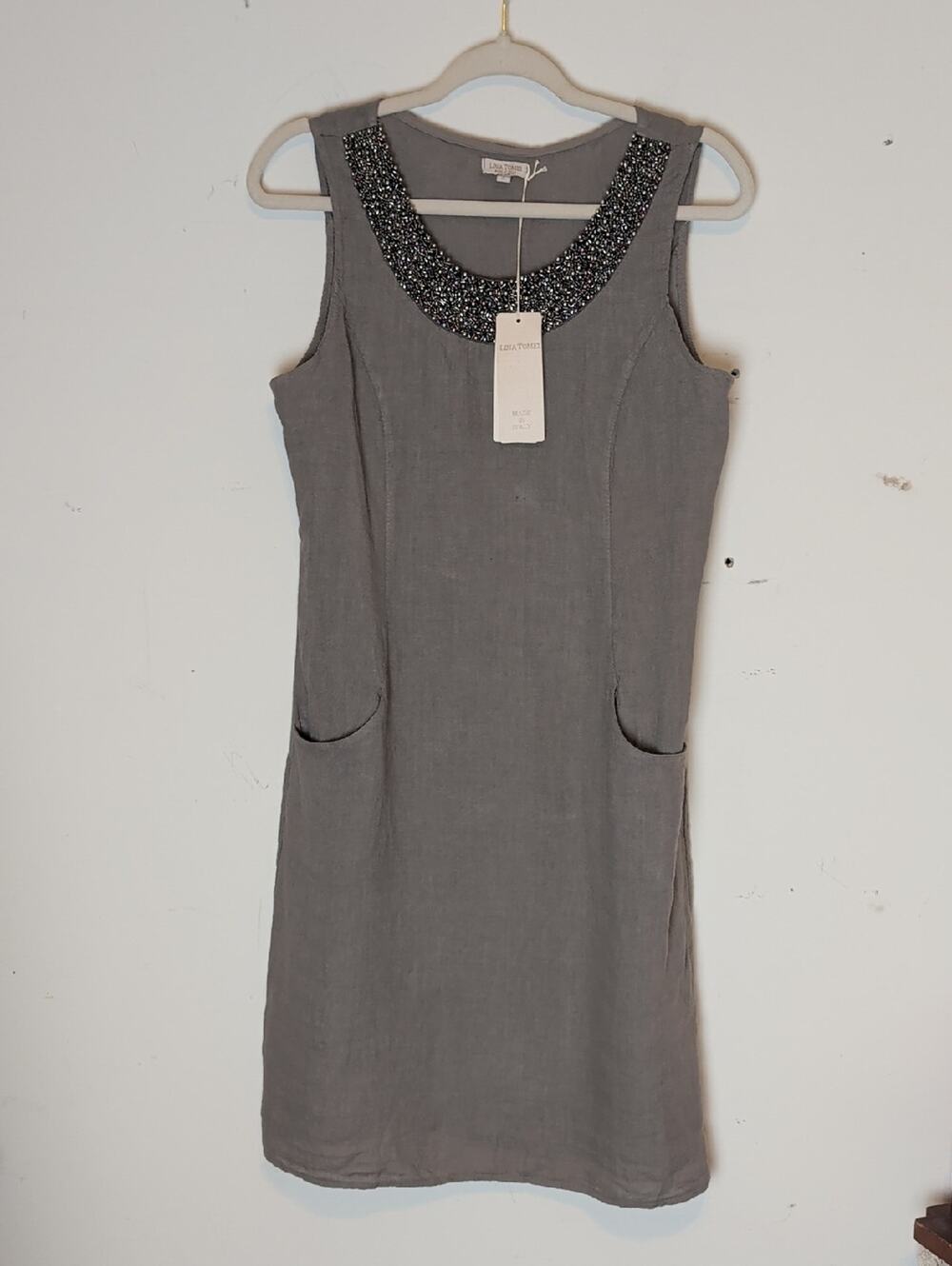 NWT Lina Tomei Beaded Shift Dress  Made in Italy Minimalist Pocket Dress Small